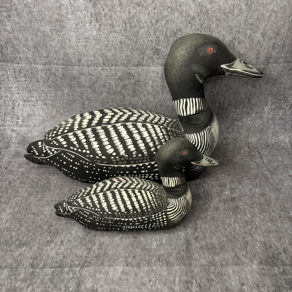 2 Vintage Handmade Fabric Stuffed Decoy Loons Large & Small